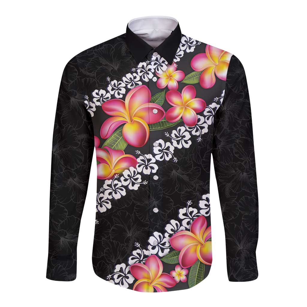 Black Polynesia Long Sleeve Button Shirt Plumeria With Hibiscus Pattern Tropical Vibes