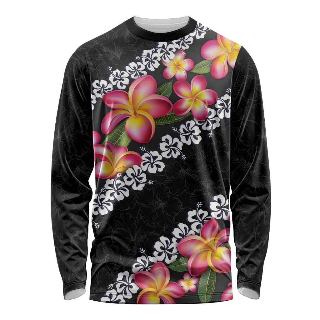 Black Polynesia Long Sleeve Shirt Plumeria With Hibiscus Pattern Tropical Vibes