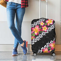 Black Polynesia Luggage Cover Plumeria With Hibiscus Pattern Tropical Vibes