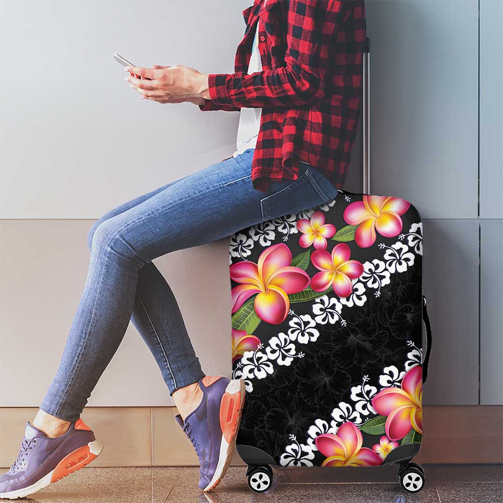 Black Polynesia Luggage Cover Plumeria With Hibiscus Pattern Tropical Vibes