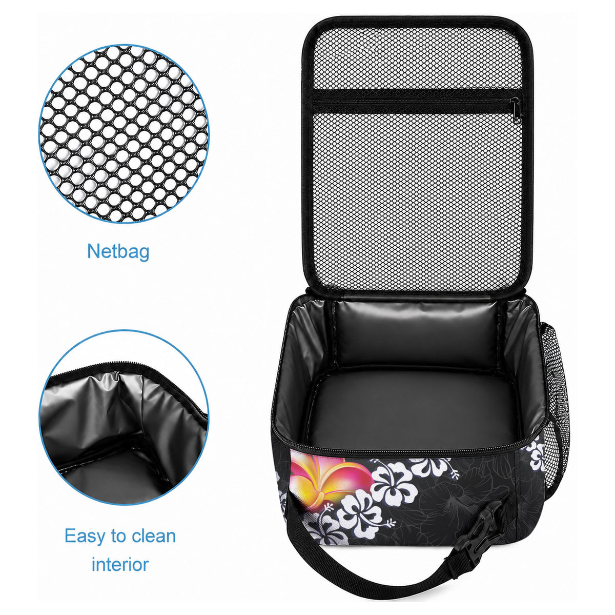 Black Polynesia Lunch Bag Plumeria With Hibiscus Pattern Tropical Vibes LT14 - Polynesian Pride