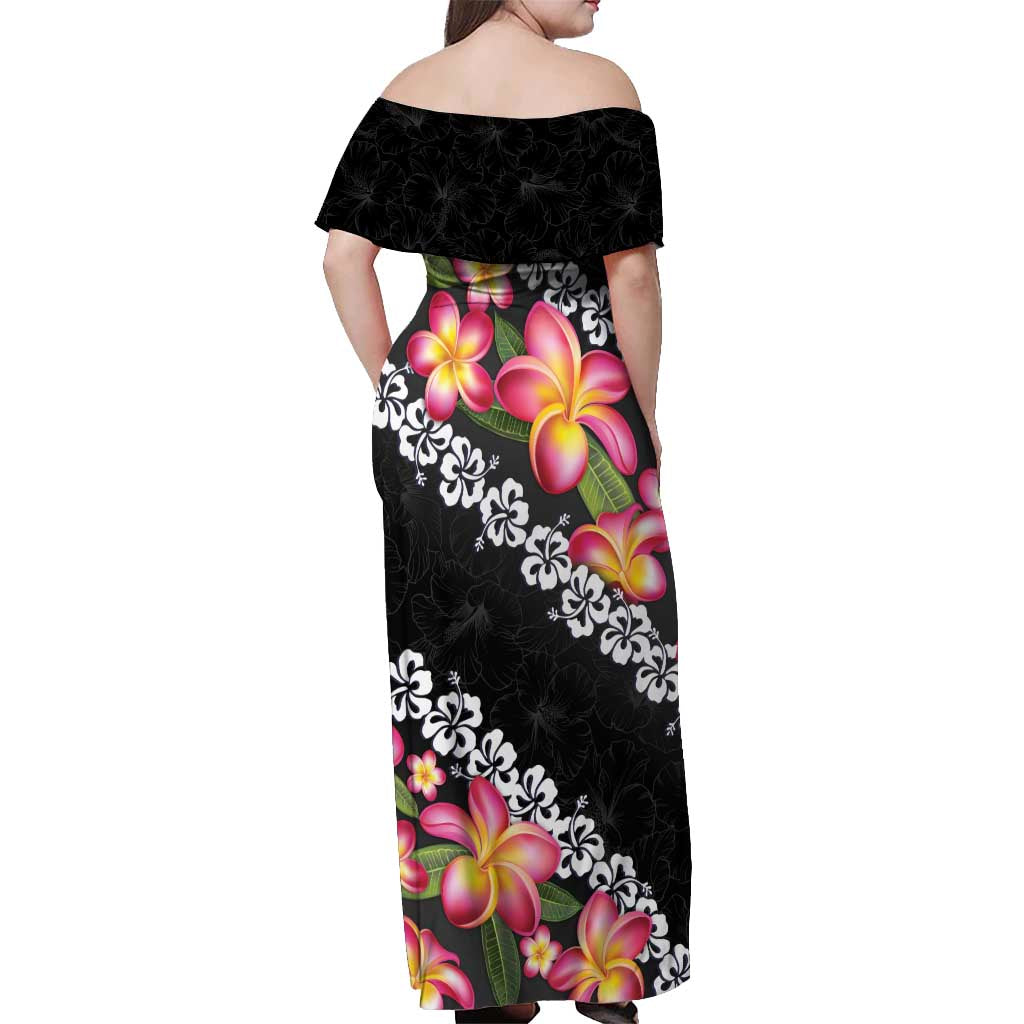 Black Polynesia Off Shoulder Maxi Dress Plumeria With Hibiscus Pattern Tropical Vibes LT14 - Polynesian Pride