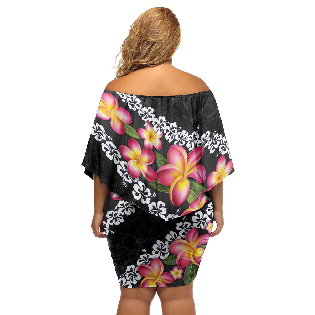 Black Polynesia Off Shoulder Short Dress Plumeria With Hibiscus Pattern Tropical Vibes LT14 - Polynesian Pride