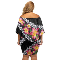Black Polynesia Off Shoulder Short Dress Plumeria With Hibiscus Pattern Tropical Vibes LT14 - Polynesian Pride