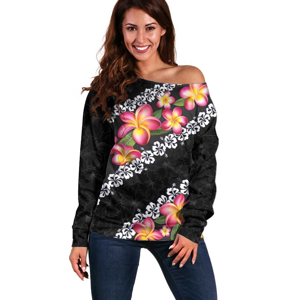 Black Polynesia Off Shoulder Sweater Plumeria With Hibiscus Pattern Tropical Vibes