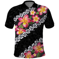 Black Polynesia Polo Shirt Plumeria With Hibiscus Pattern Tropical Vibes
