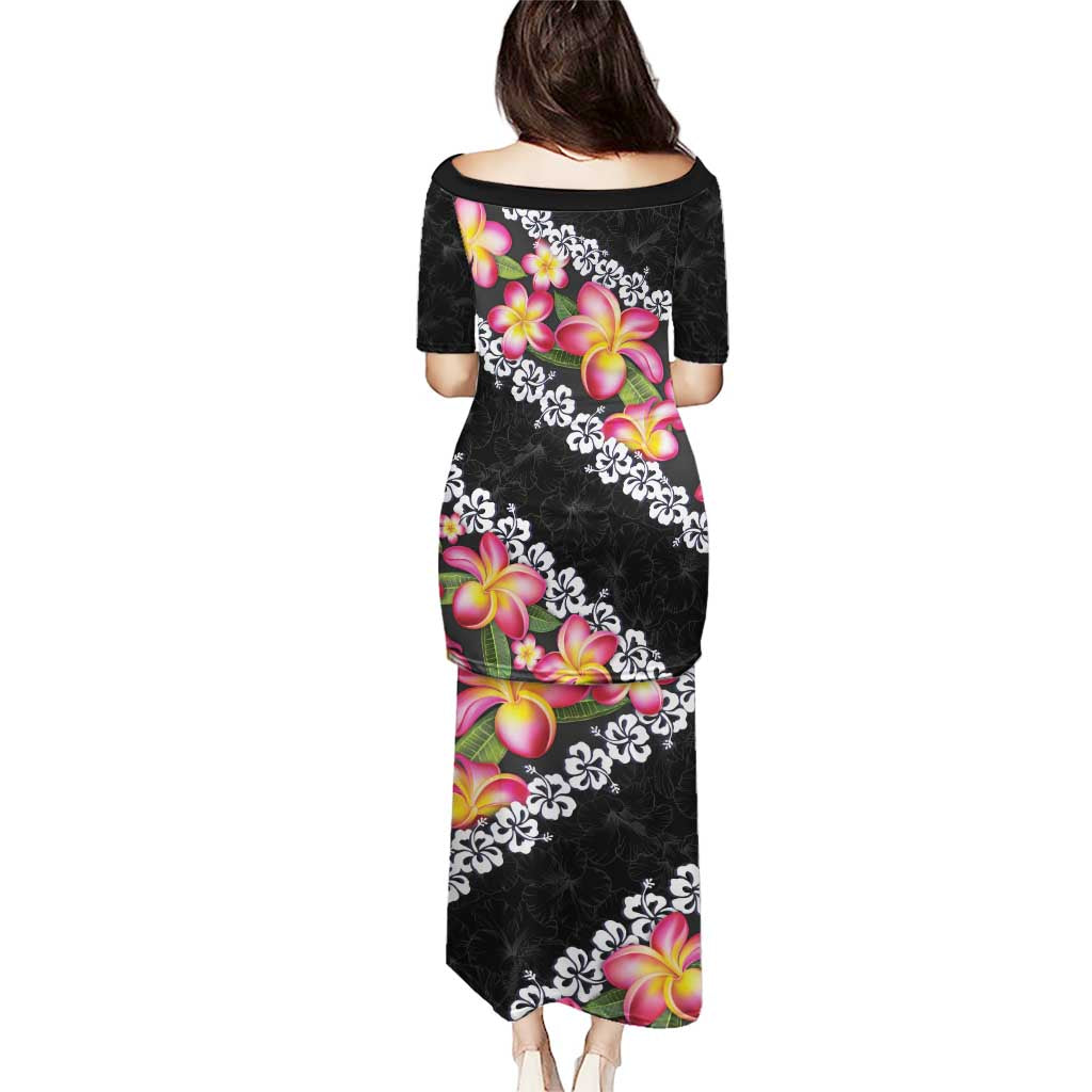 Black Polynesia Puletasi Plumeria With Hibiscus Pattern Tropical Vibes LT14 - Polynesian Pride