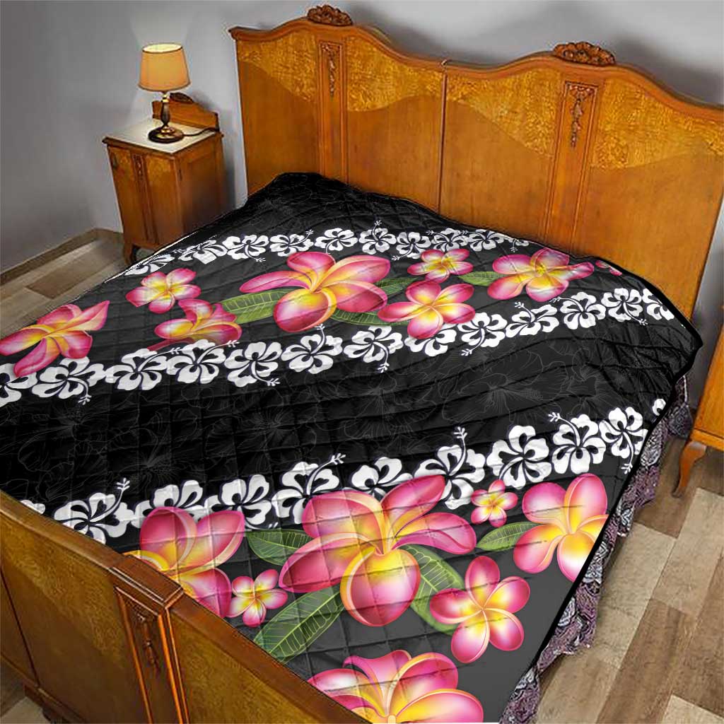 Black Polynesia Quilt Plumeria With Hibiscus Pattern Tropical Vibes