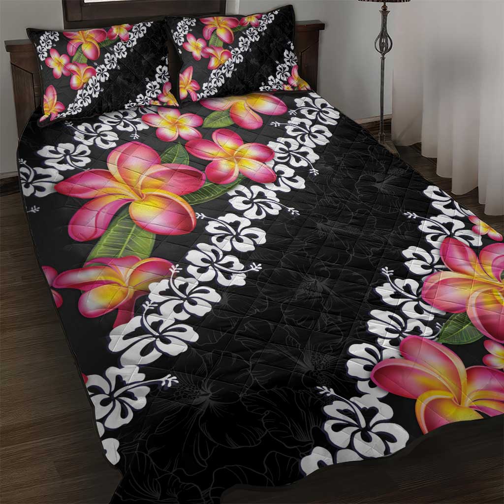 Black Polynesia Quilt Bed Set Plumeria With Hibiscus Pattern Tropical Vibes LT14 Black - Polynesian Pride