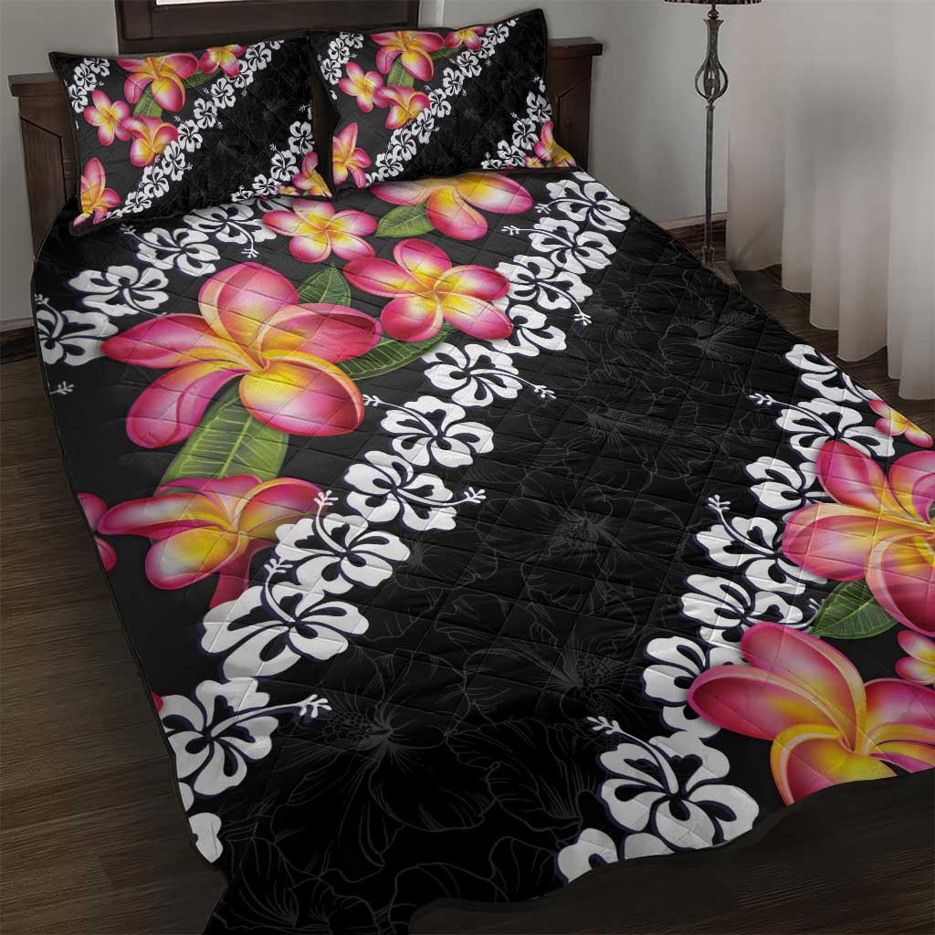 Black Polynesia Quilt Bed Set Plumeria With Hibiscus Pattern Tropical Vibes