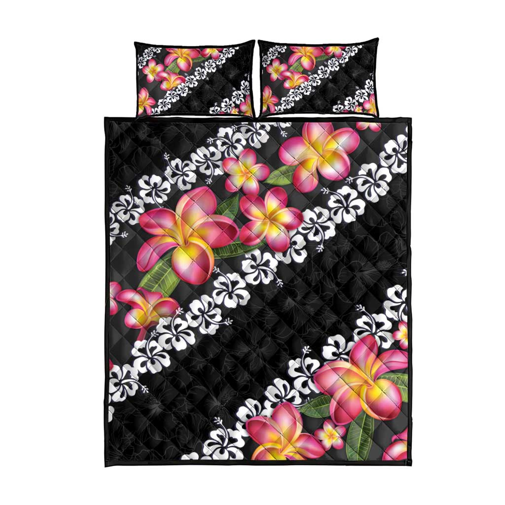 Black Polynesia Quilt Bed Set Plumeria With Hibiscus Pattern Tropical Vibes LT14 - Polynesian Pride