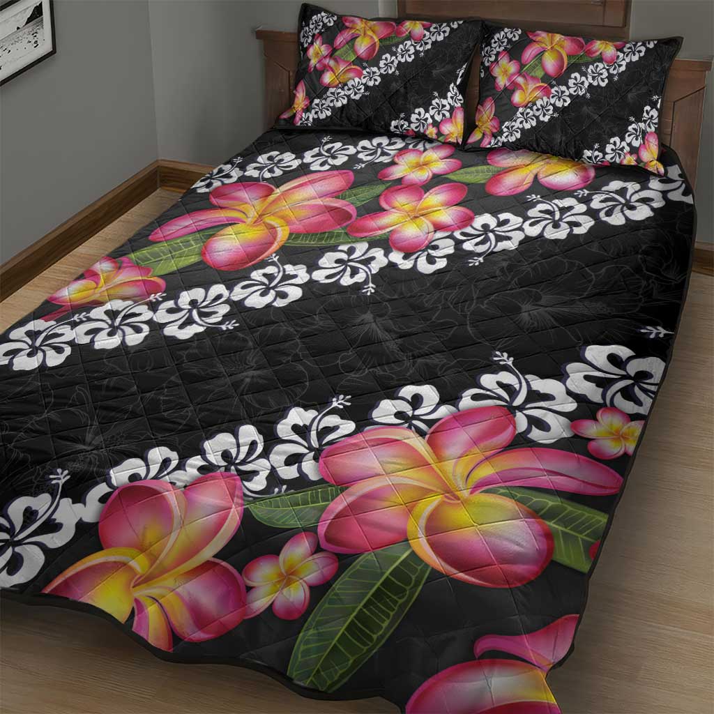 Black Polynesia Quilt Bed Set Plumeria With Hibiscus Pattern Tropical Vibes LT14 - Polynesian Pride