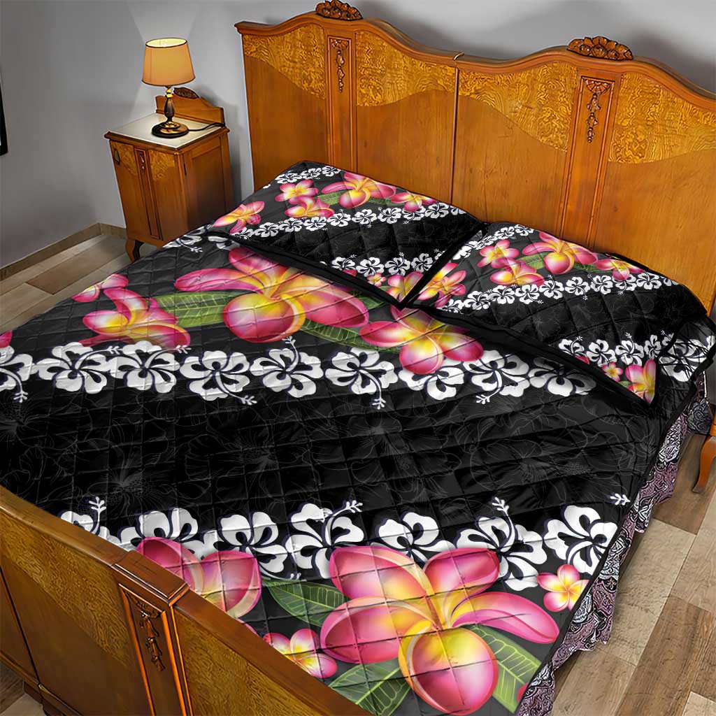 Black Polynesia Quilt Bed Set Plumeria With Hibiscus Pattern Tropical Vibes LT14 - Polynesian Pride