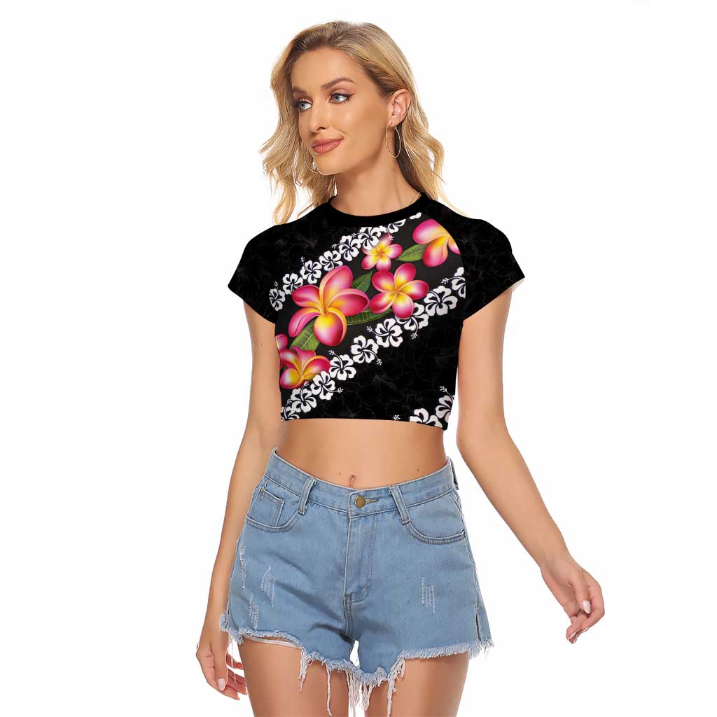 Black Polynesia Raglan Cropped T Shirt Plumeria With Hibiscus Pattern Tropical Vibes