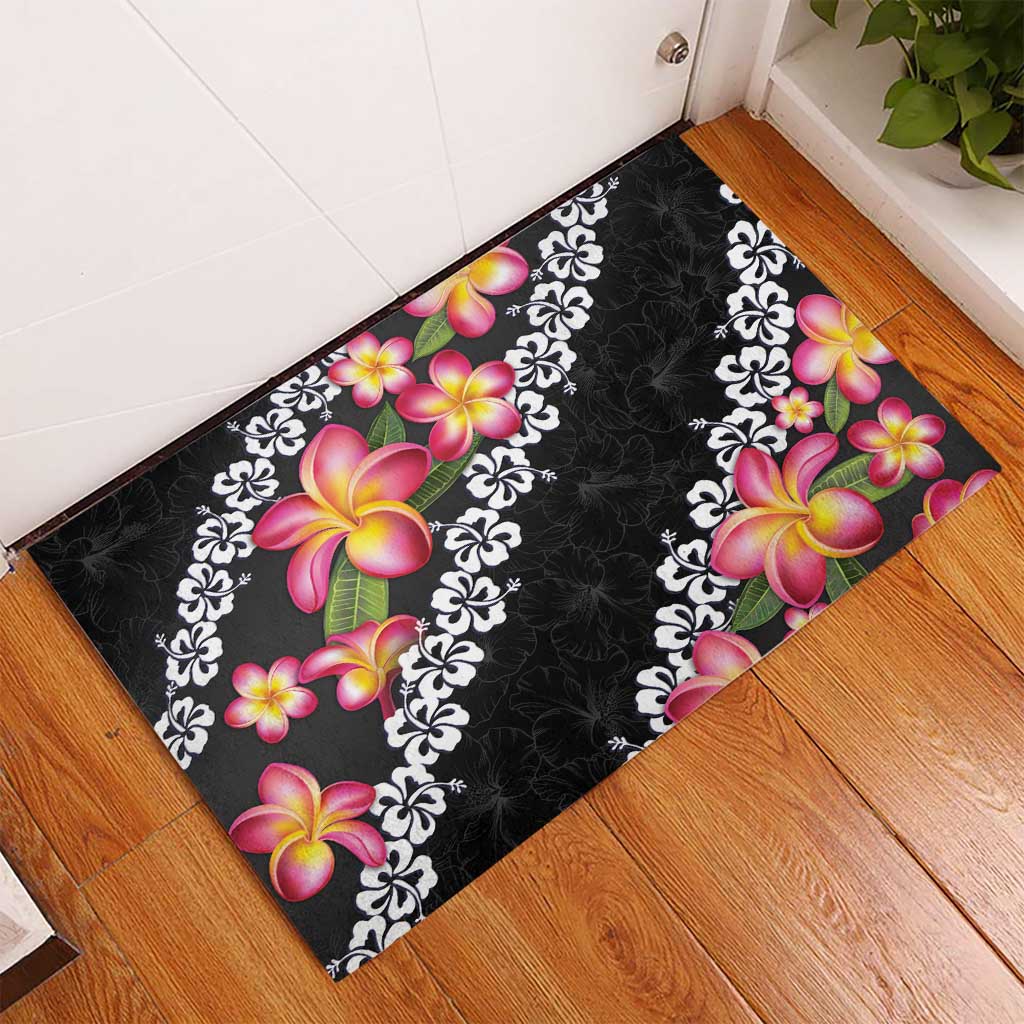 Black Polynesia Rubber Doormat Plumeria With Hibiscus Pattern Tropical Vibes LT14 - Polynesian Pride