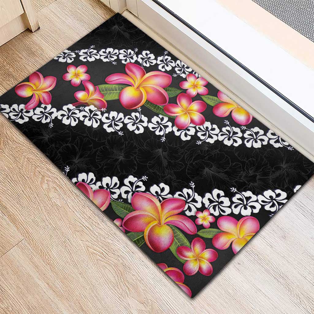 Black Polynesia Rubber Doormat Plumeria With Hibiscus Pattern Tropical Vibes LT14 - Polynesian Pride