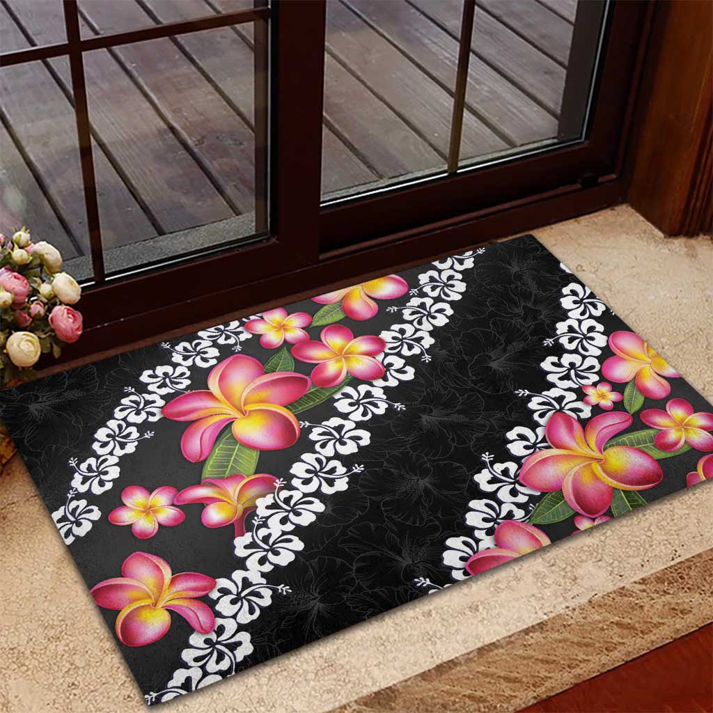Black Polynesia Rubber Doormat Plumeria With Hibiscus Pattern Tropical Vibes LT14 - Polynesian Pride