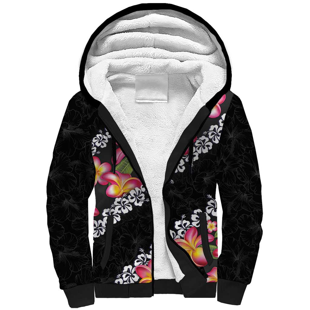 Black Polynesia Sherpa Hoodie Plumeria With Hibiscus Pattern Tropical Vibes LT14 Unisex Black - Polynesian Pride