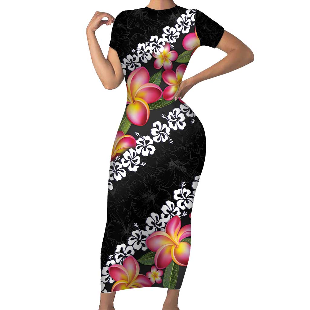 Black Polynesia Short Sleeve Bodycon Dress Plumeria With Hibiscus Pattern Tropical Vibes