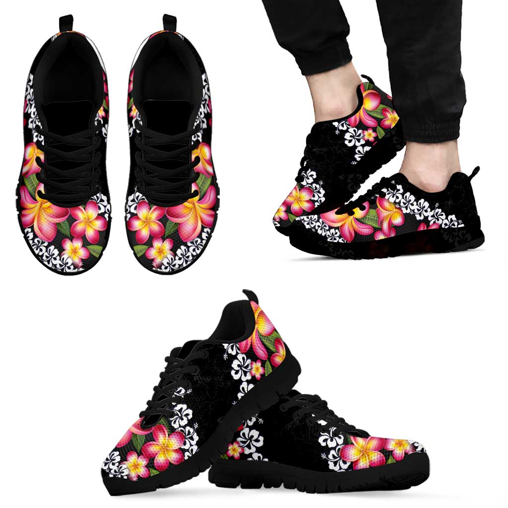 Black Polynesia Sneakers Plumeria With Hibiscus Pattern Tropical Vibes