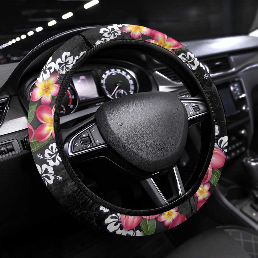 Black Polynesia Steering Wheel Cover Plumeria With Hibiscus Pattern Tropical Vibes LT14 Universal Fit Black - Polynesian Pride