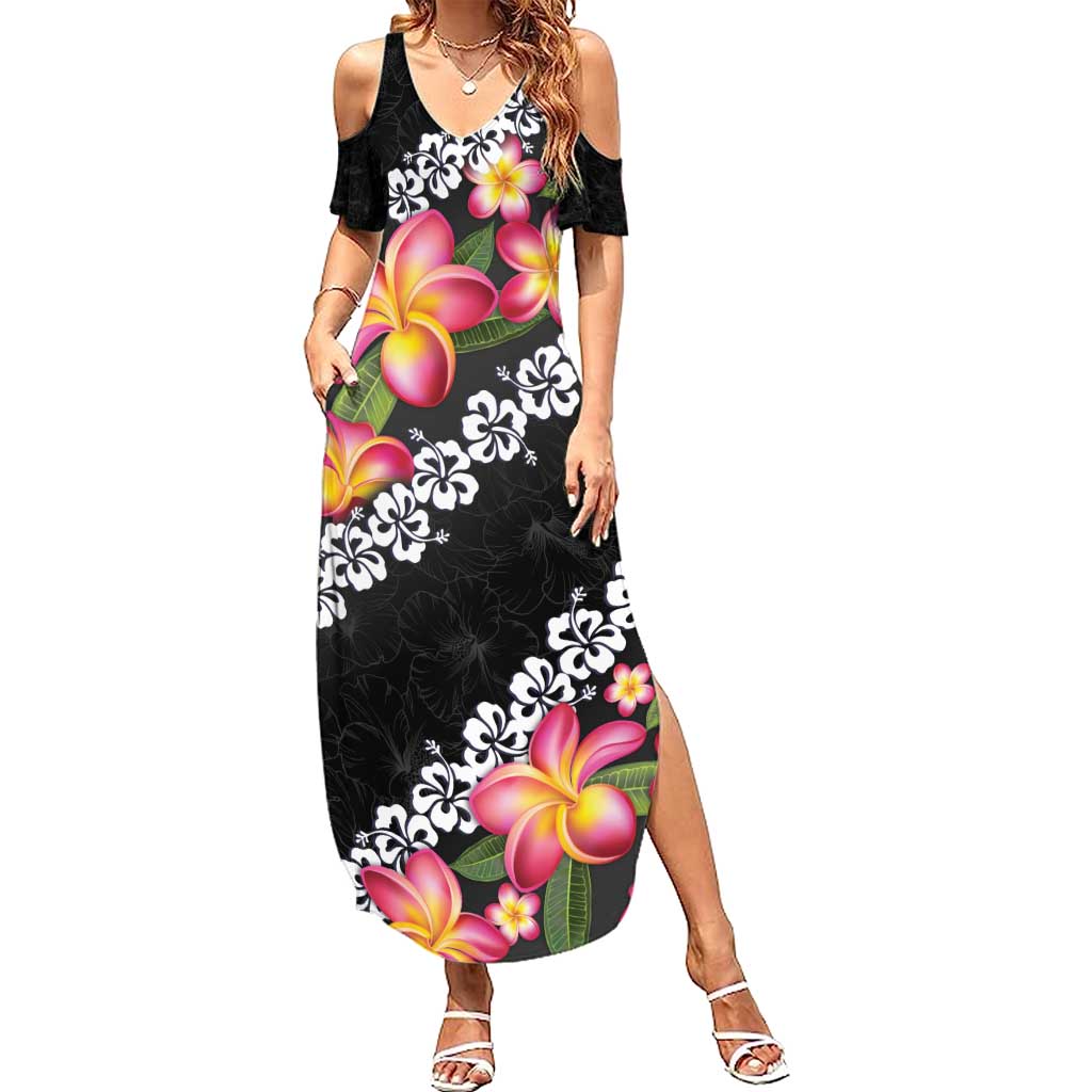 Black Polynesia Summer Maxi Dress Plumeria With Hibiscus Pattern Tropical Vibes LT14 Women Black - Polynesian Pride