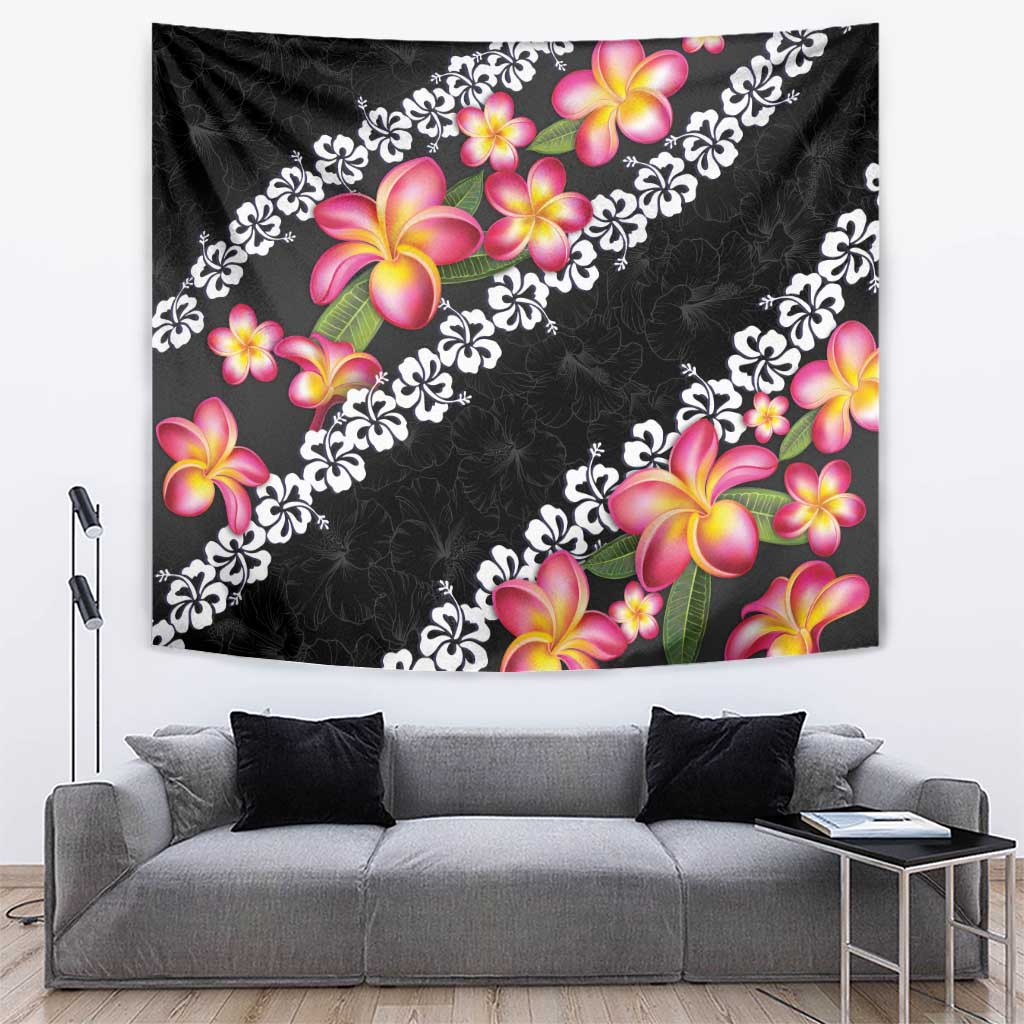 Black Polynesia Tapestry Plumeria With Hibiscus Pattern Tropical Vibes