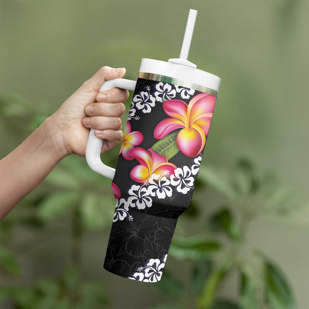 Black Polynesia Tumbler With Handle Plumeria With Hibiscus Pattern Tropical Vibes LT14 - Polynesian Pride