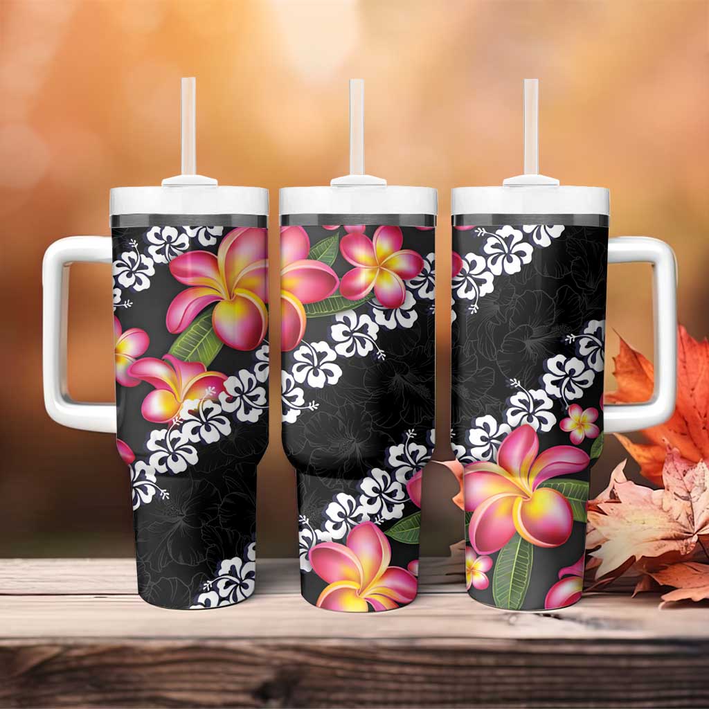 Black Polynesia Tumbler With Handle Plumeria With Hibiscus Pattern Tropical Vibes LT14 - Polynesian Pride