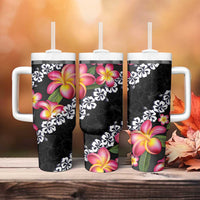 Black Polynesia Tumbler With Handle Plumeria With Hibiscus Pattern Tropical Vibes LT14 - Polynesian Pride
