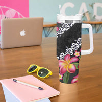 Black Polynesia Tumbler With Handle Plumeria With Hibiscus Pattern Tropical Vibes LT14 - Polynesian Pride