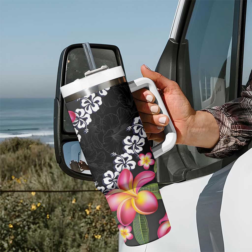 Black Polynesia Tumbler With Handle Plumeria With Hibiscus Pattern Tropical Vibes LT14 - Polynesian Pride