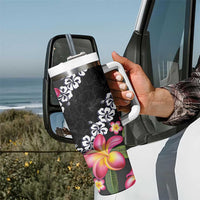 Black Polynesia Tumbler With Handle Plumeria With Hibiscus Pattern Tropical Vibes LT14 - Polynesian Pride