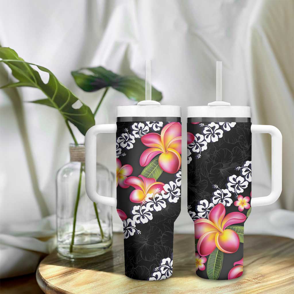 Black Polynesia Tumbler With Handle Plumeria With Hibiscus Pattern Tropical Vibes LT14 - Polynesian Pride