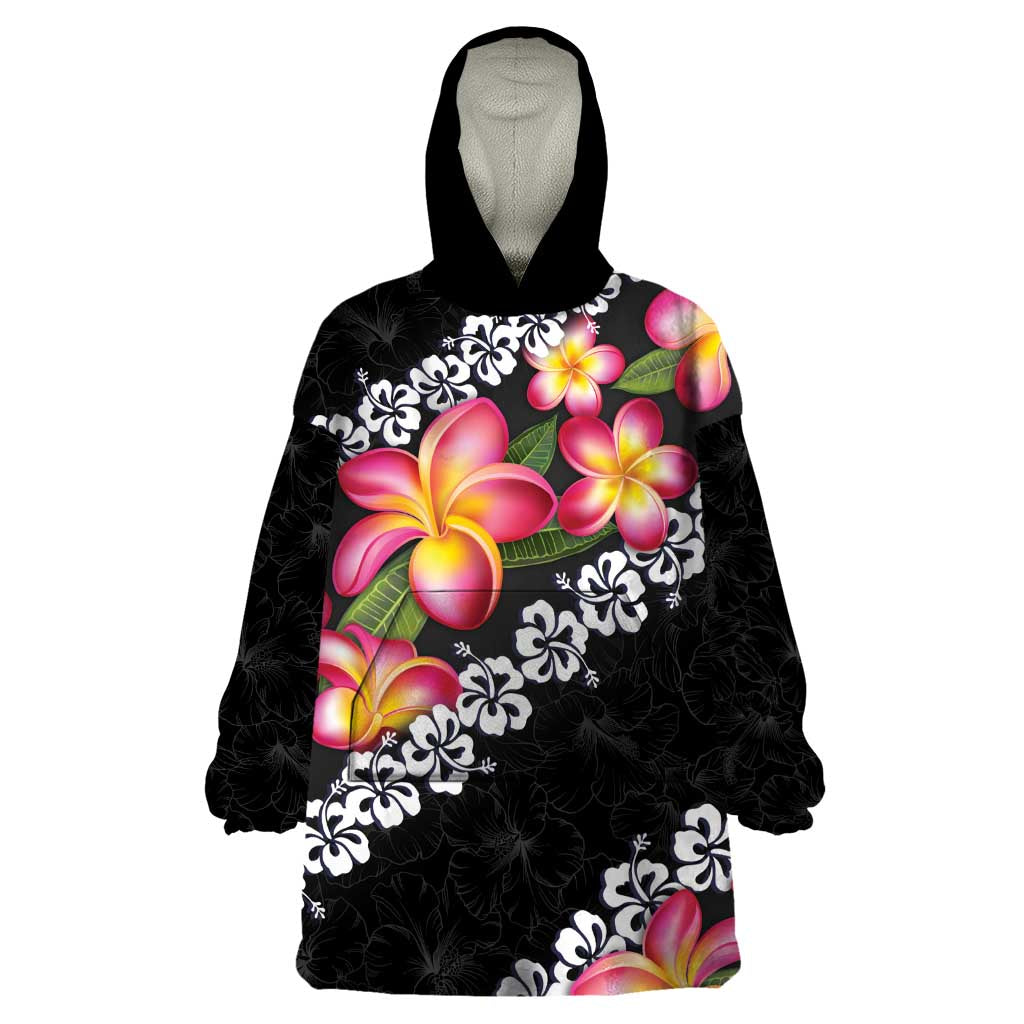 Black Polynesia Wearable Blanket Hoodie Plumeria With Hibiscus Pattern Tropical Vibes