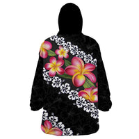 Black Polynesia Wearable Blanket Hoodie Plumeria With Hibiscus Pattern Tropical Vibes LT14 - Polynesian Pride