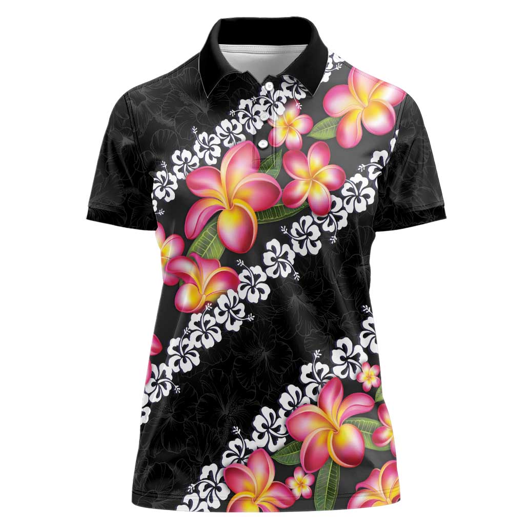 Black Polynesia Women Polo Shirt Plumeria With Hibiscus Pattern Tropical Vibes