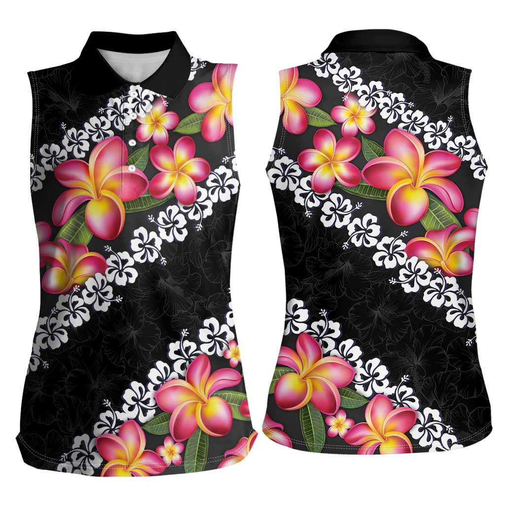Black Polynesia Women Sleeveless Polo Shirt Plumeria With Hibiscus Pattern Tropical Vibes