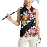 Black Polynesia Women Sleeveless Polo Shirt Plumeria With Hibiscus Pattern Tropical Vibes