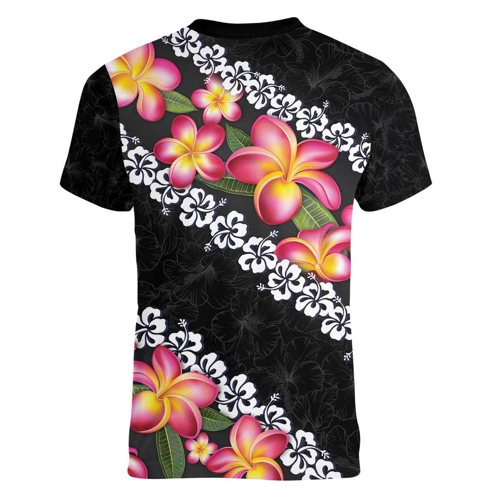 Black Polynesia Women V-Neck T-Shirt Plumeria With Hibiscus Pattern Tropical Vibes