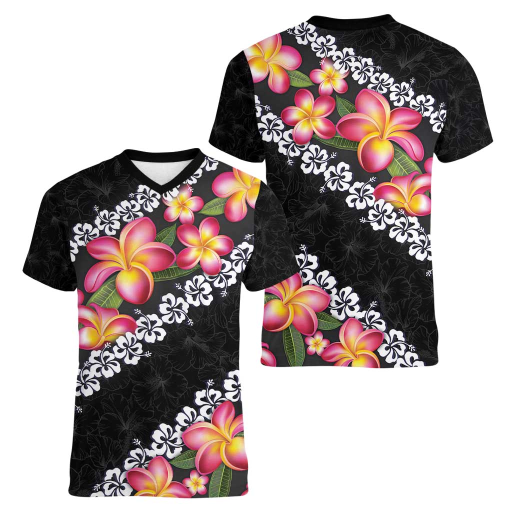 Black Polynesia Women V-Neck T-Shirt Plumeria With Hibiscus Pattern Tropical Vibes