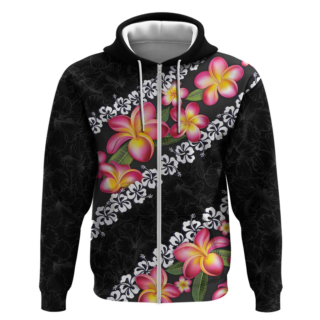 Black Polynesia Zip Hoodie Plumeria With Hibiscus Pattern Tropical Vibes