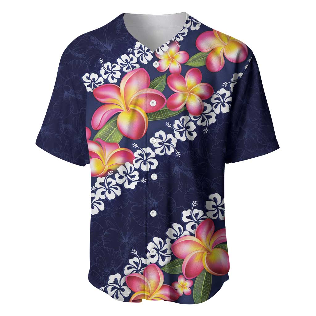 Blue Polynesia Baseball Jersey Plumeria With Hibiscus Pattern Tropical Vibes