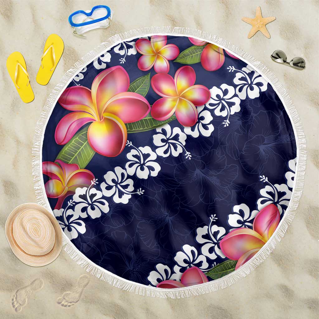 Blue Polynesia Beach Blanket Plumeria With Hibiscus Pattern Tropical Vibes