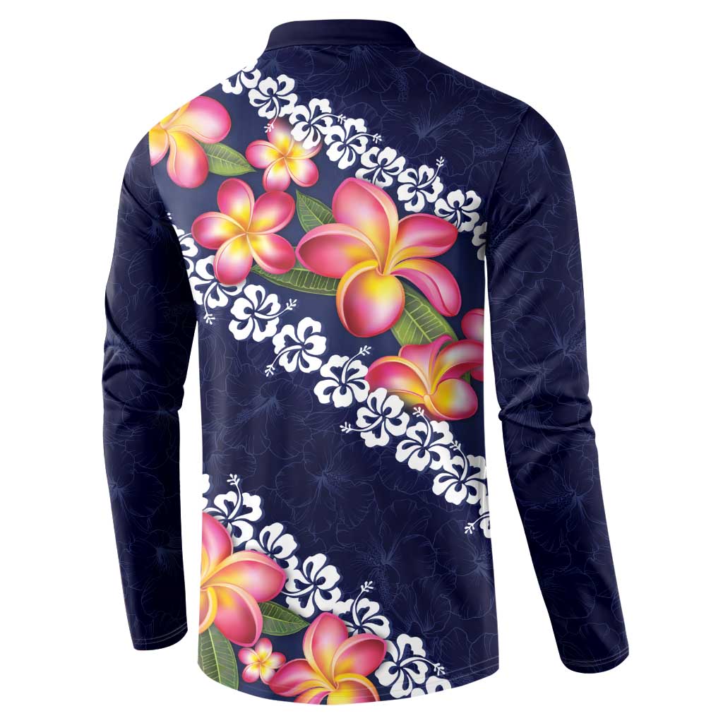 Blue Polynesia Button Sweatshirt Plumeria With Hibiscus Pattern Tropical Vibes LT14 - Polynesian Pride