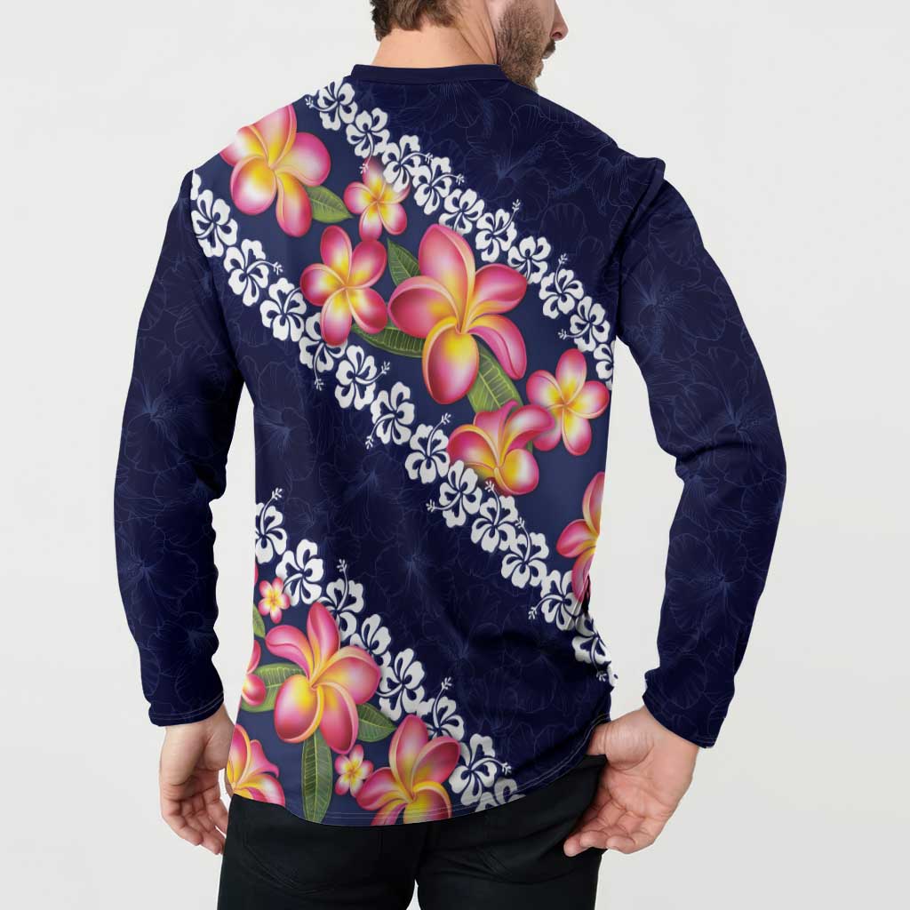 Blue Polynesia Button Sweatshirt Plumeria With Hibiscus Pattern Tropical Vibes LT14 - Polynesian Pride