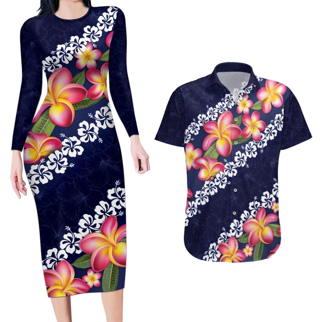 Blue Polynesia Couples Matching Long Sleeve Bodycon Dress and Hawaiian Shirt Plumeria With Hibiscus Pattern Tropical Vibes LT14 Blue - Polynesian Pride