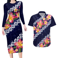Blue Polynesia Couples Matching Long Sleeve Bodycon Dress and Hawaiian Shirt Plumeria With Hibiscus Pattern Tropical Vibes LT14 Blue - Polynesian Pride
