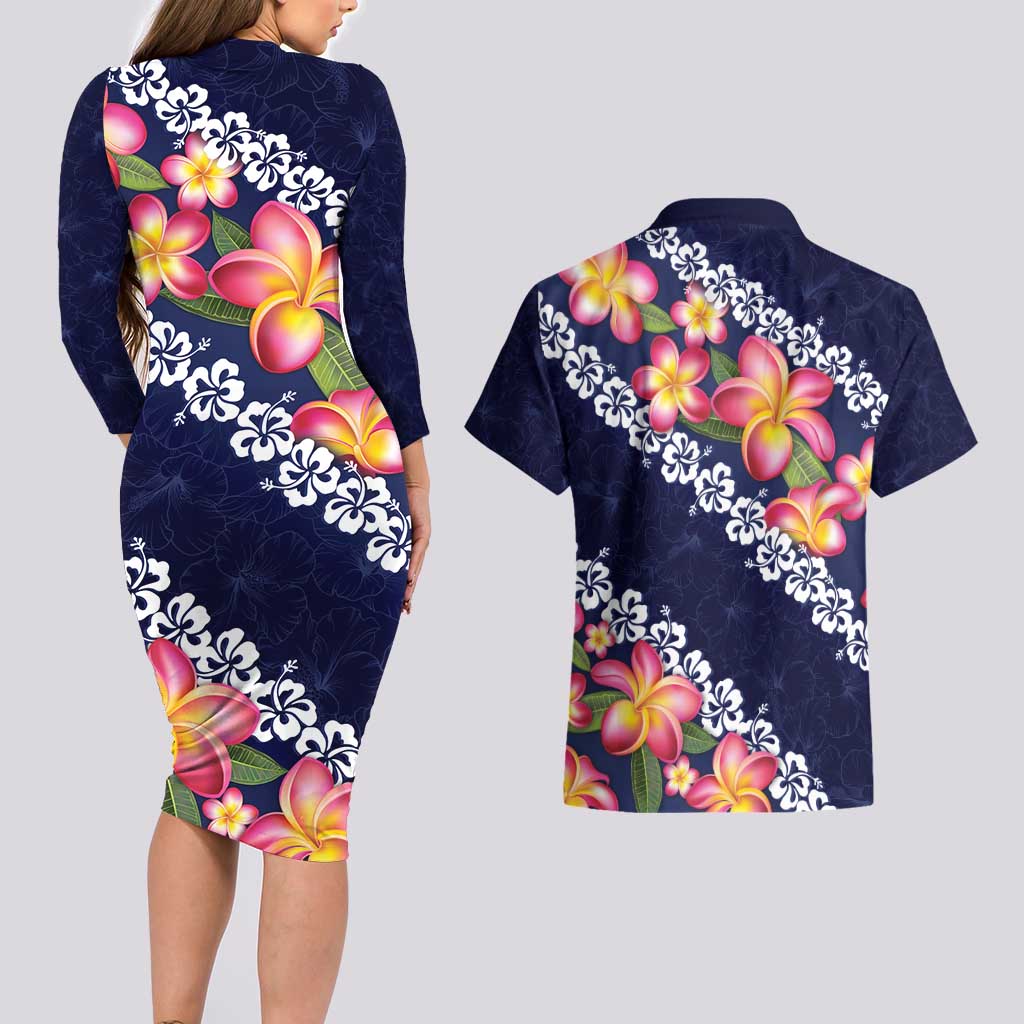 Blue Polynesia Couples Matching Long Sleeve Bodycon Dress and Hawaiian Shirt Plumeria With Hibiscus Pattern Tropical Vibes LT14 - Polynesian Pride