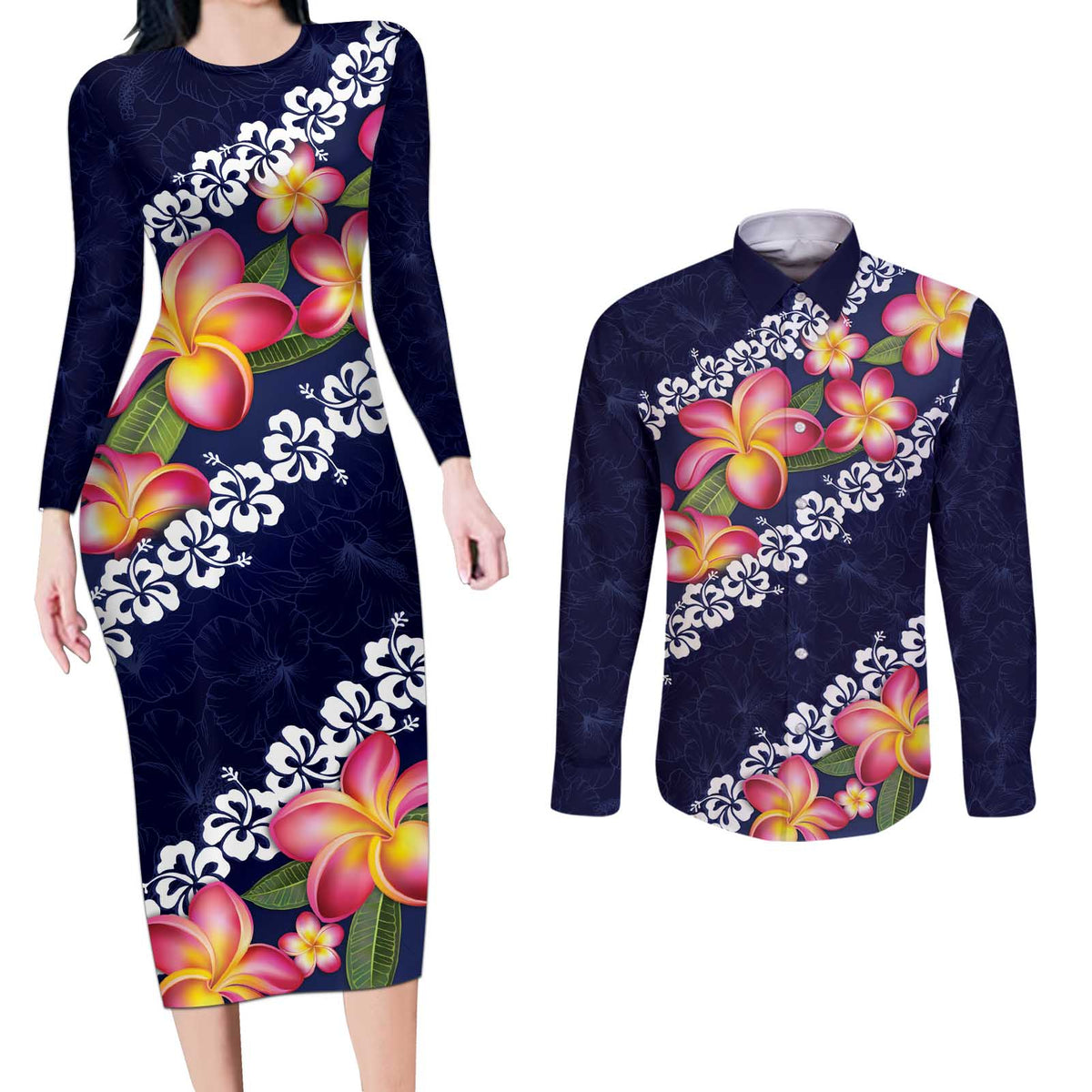 Blue Polynesia Couples Matching Long Sleeve Bodycon Dress and Long Sleeve Button Shirt Plumeria With Hibiscus Pattern Tropical Vibes LT14 Blue - Polynesian Pride